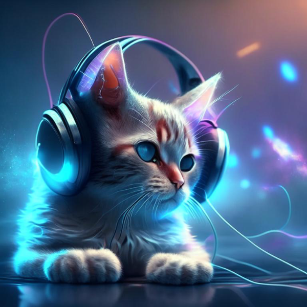 cute cat listening to music with headphones futuristic style.png